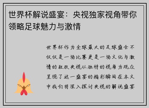 世界杯解说盛宴：央视独家视角带你领略足球魅力与激情